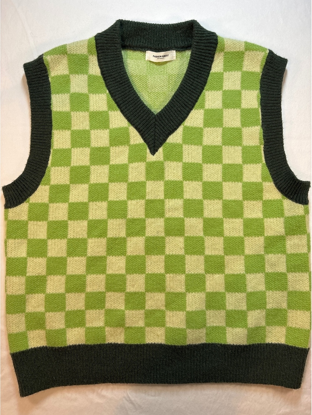 Checkerboard Sweater Vest Green Cream V Neck Y2K Retro Preppy